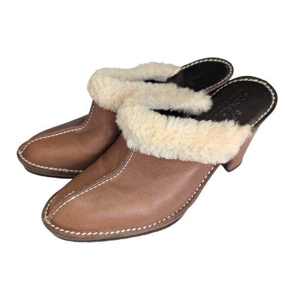 Donald J Pliner BHAPPY Leather Heeled Mule Clogs Women’s Sz 8M Tan Sherpa Trim - Picture 1 of 9